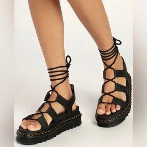 Doc Dr. Martens Nartilla Platform Black Lace Up Sandals Leather Size 7 38 NEW
